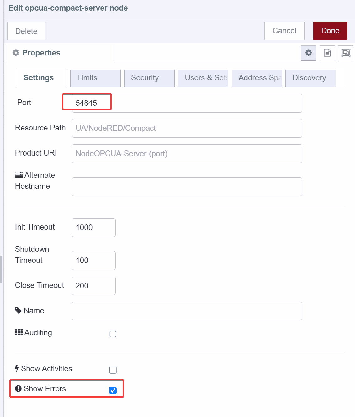 Screenshot showing the Settings Tab of compact server node Screenshot showing the Settings Tab of compact server node