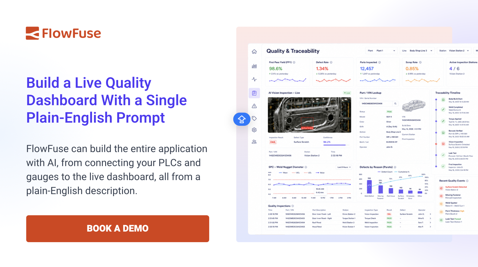 Build a live quality and traceability dashboard with a single plain-English prompt - book a FlowFuse demo