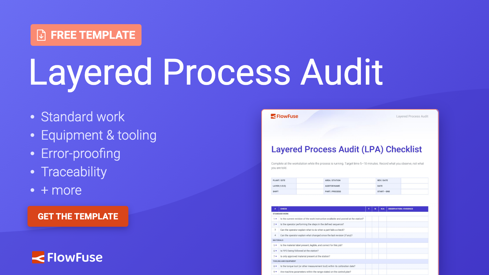 Free download: layered process audit checklist template covering standard work, equipment and tooling, error-proofing, and traceability